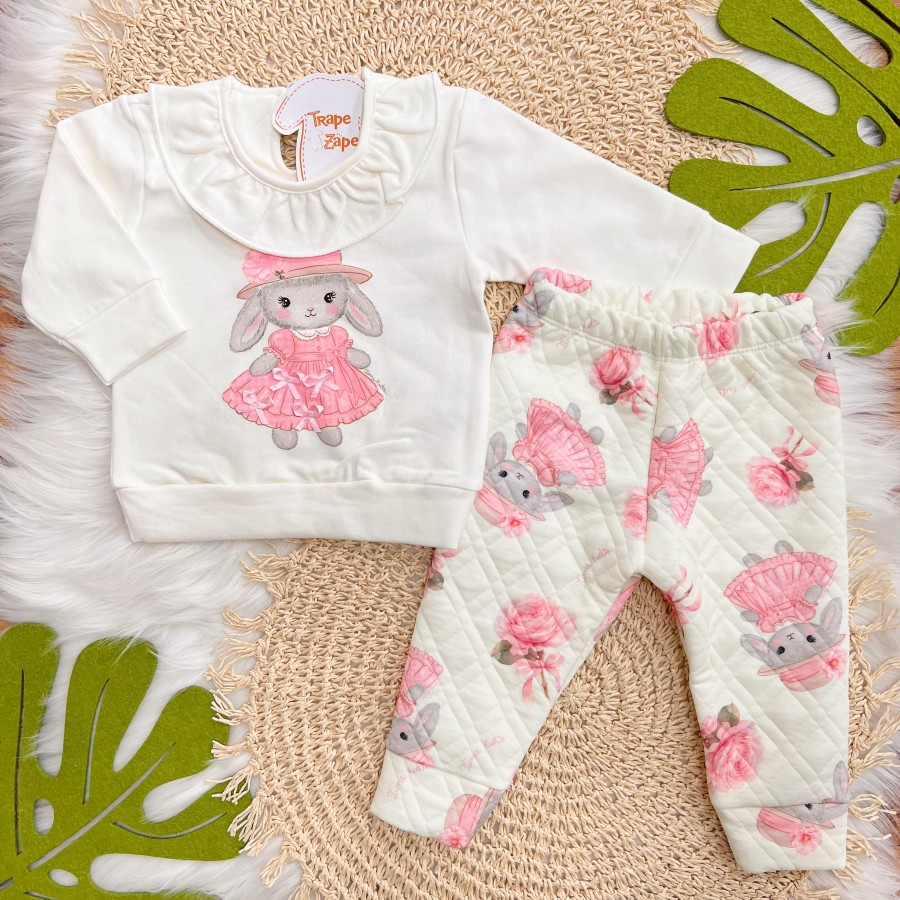 Conj. Casaco Coelhinha Camponesa e Calça  - Off White e Rosa